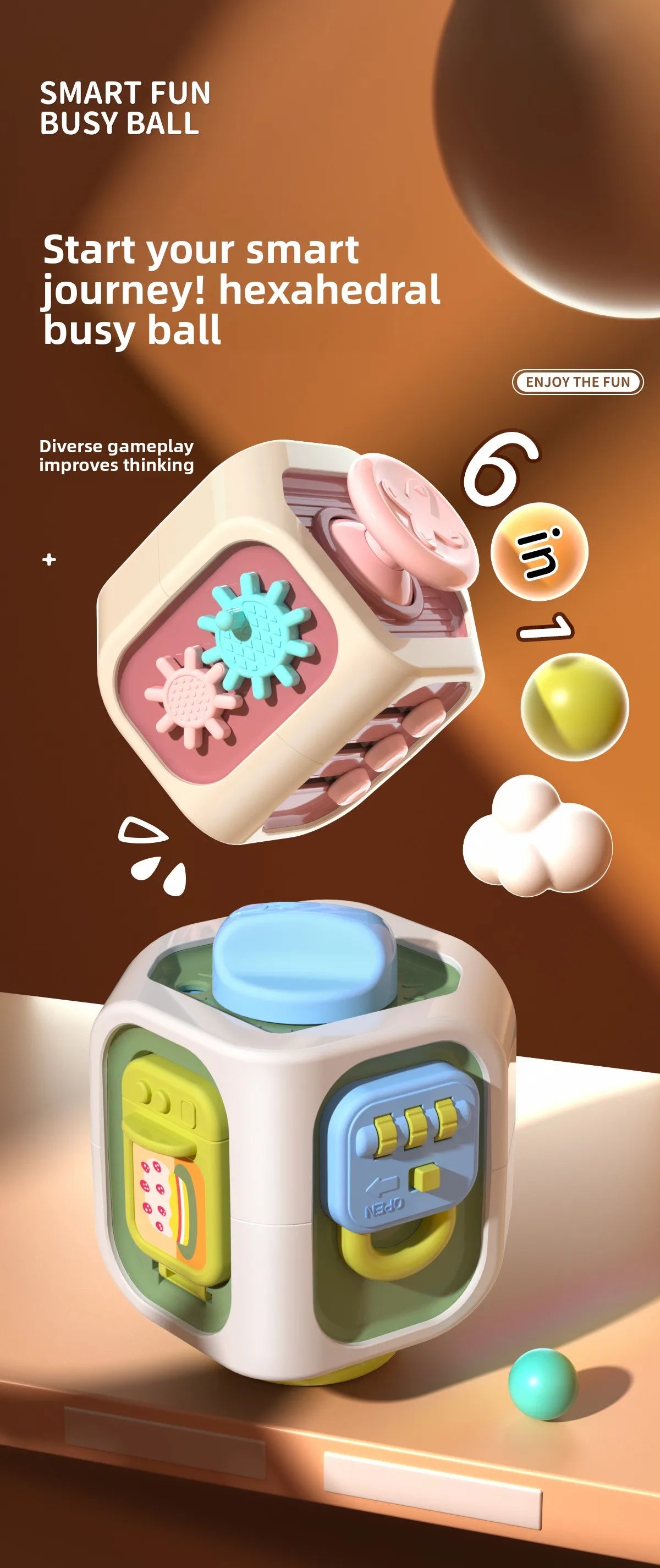 Baby Practice Skills Drawer Cube 6 in 1 Montessori Educational Toys Sensory Busy Board Fidget Educational Toys for Girl Boy